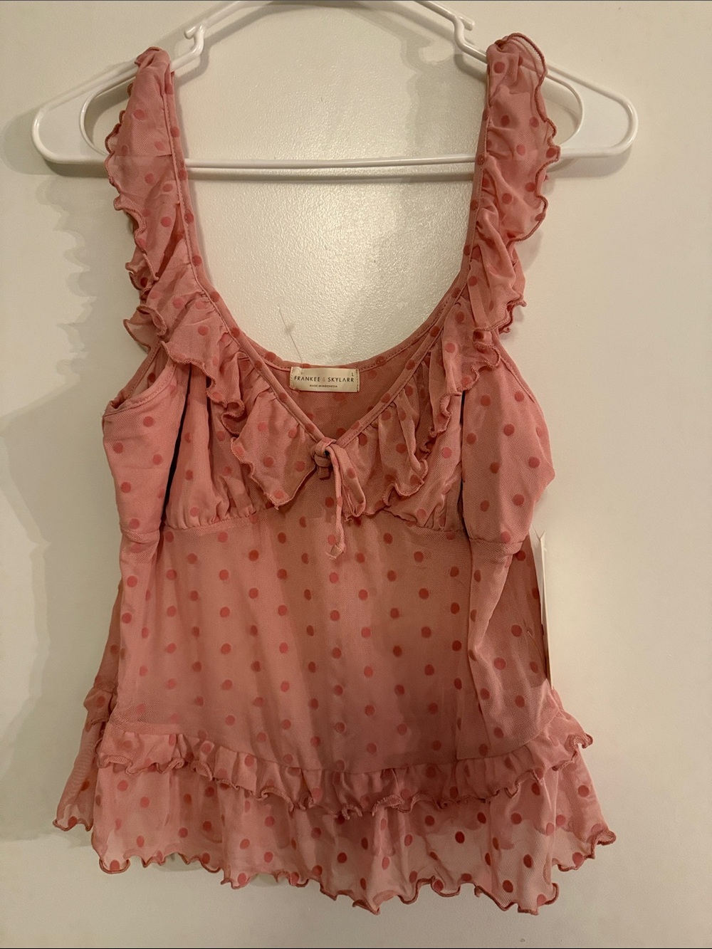 Frankee Skylarr  Rose Polka-Dot Ruffle Mesh Tank